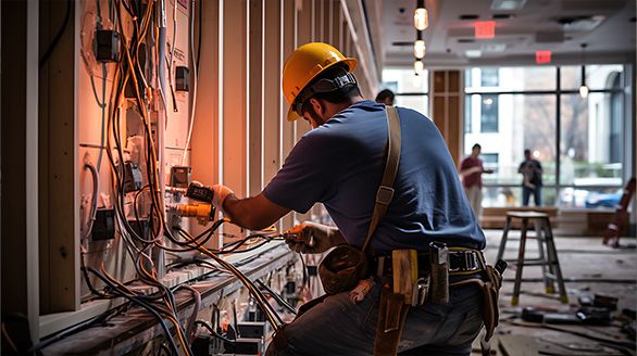 electrician installing wiring new office building surrounded by electrical panels tools