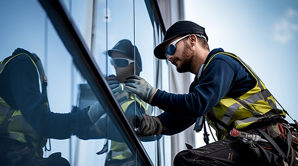 glazier installing windows commercial building
