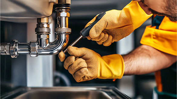 professional plumber repairing sink with screwdriver gloves